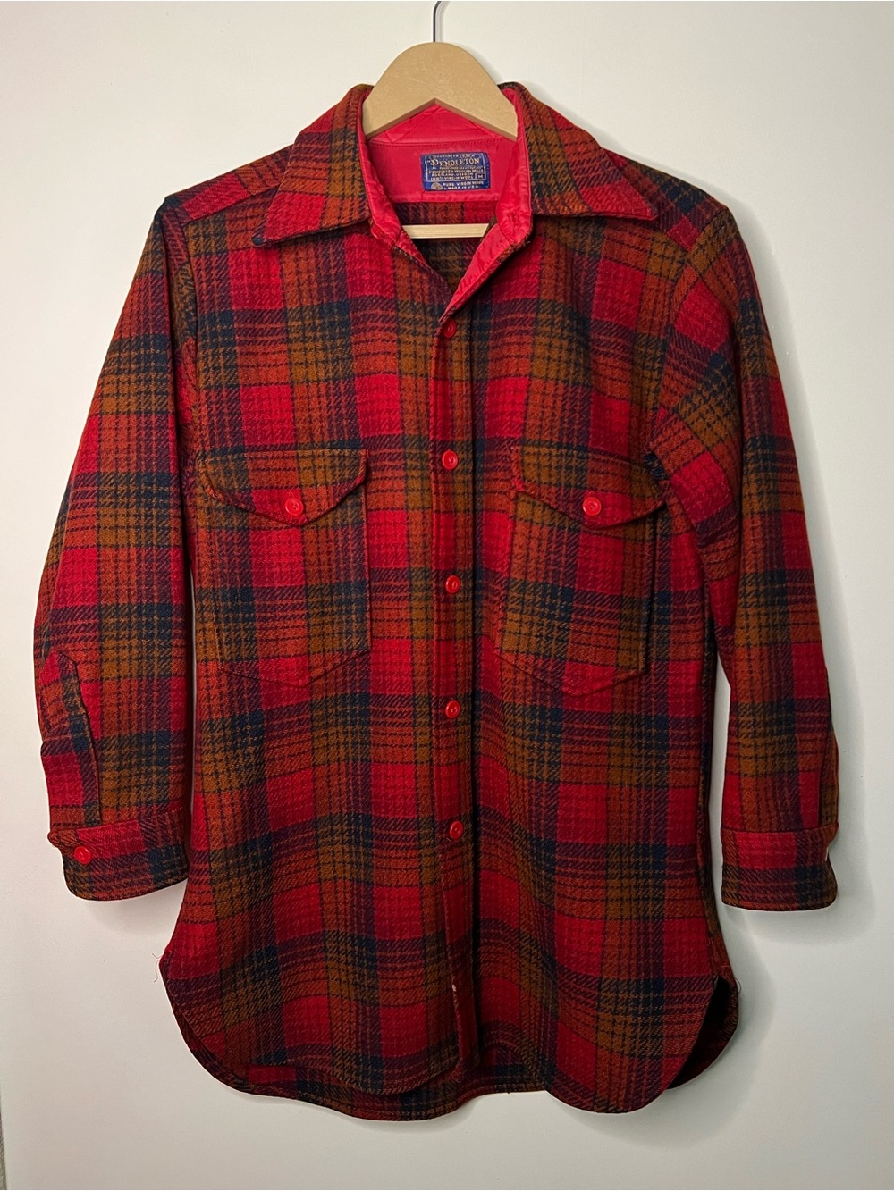 Vintage 60s 70s Pendleton Board Shirt Red Brown Black Plaid Wool Shirt M *FLAW*
